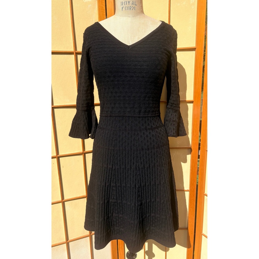 Black Pointelle Knit Fit and Flare Bell Sleeve Dress Small by Gabby Skye
